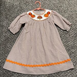 Brown Gingham Dress with Pumpkin Embroidery 2t